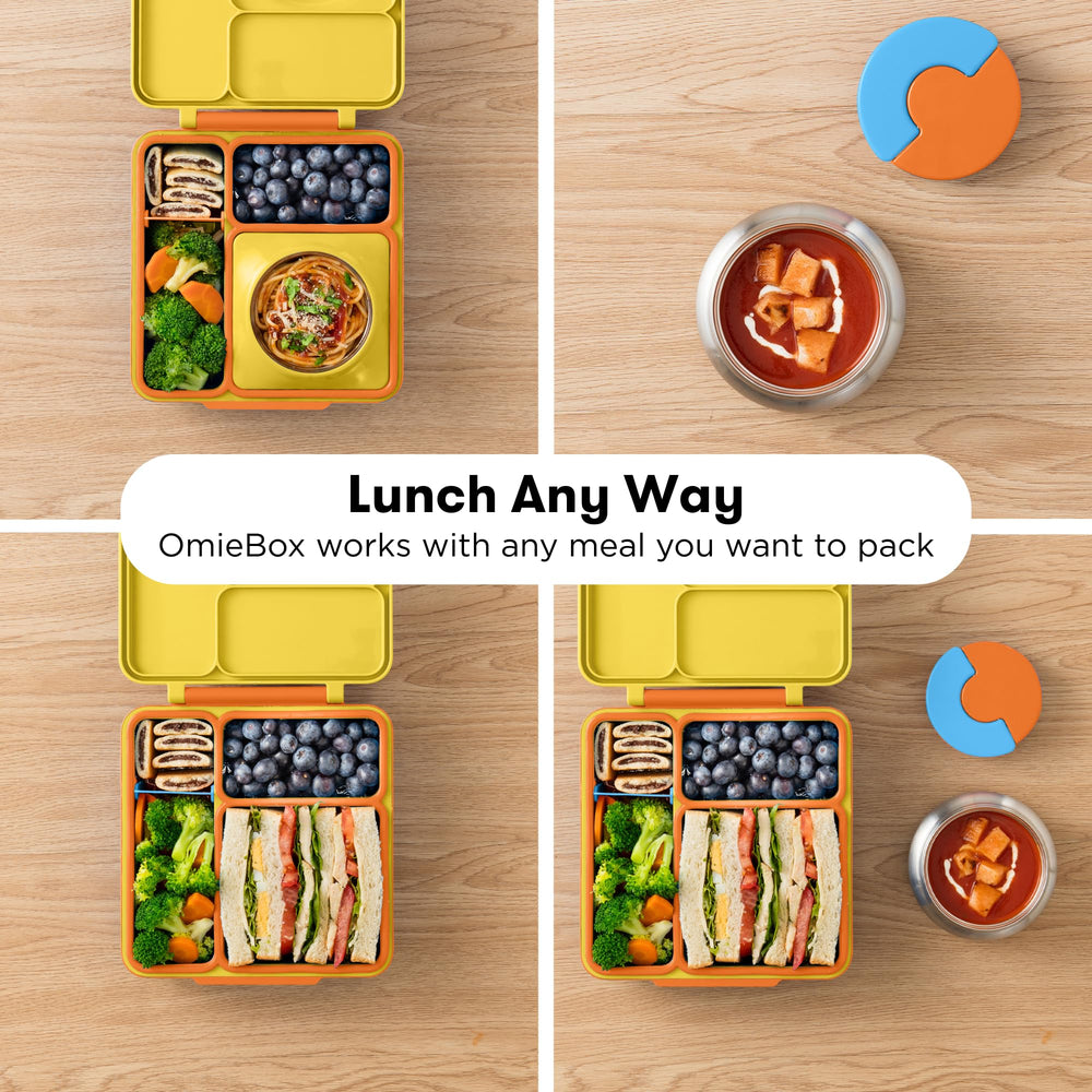 Omie next to a child backpack to show compact size and convenient carry benefit
