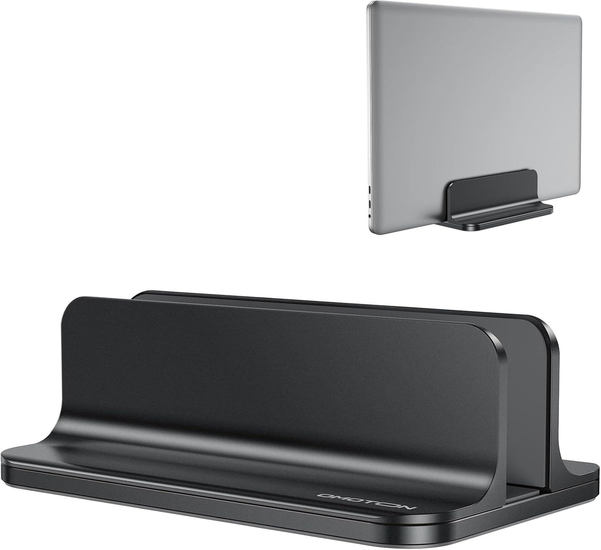 OMOTON front view of vertical laptop stand showing compact storage benefit