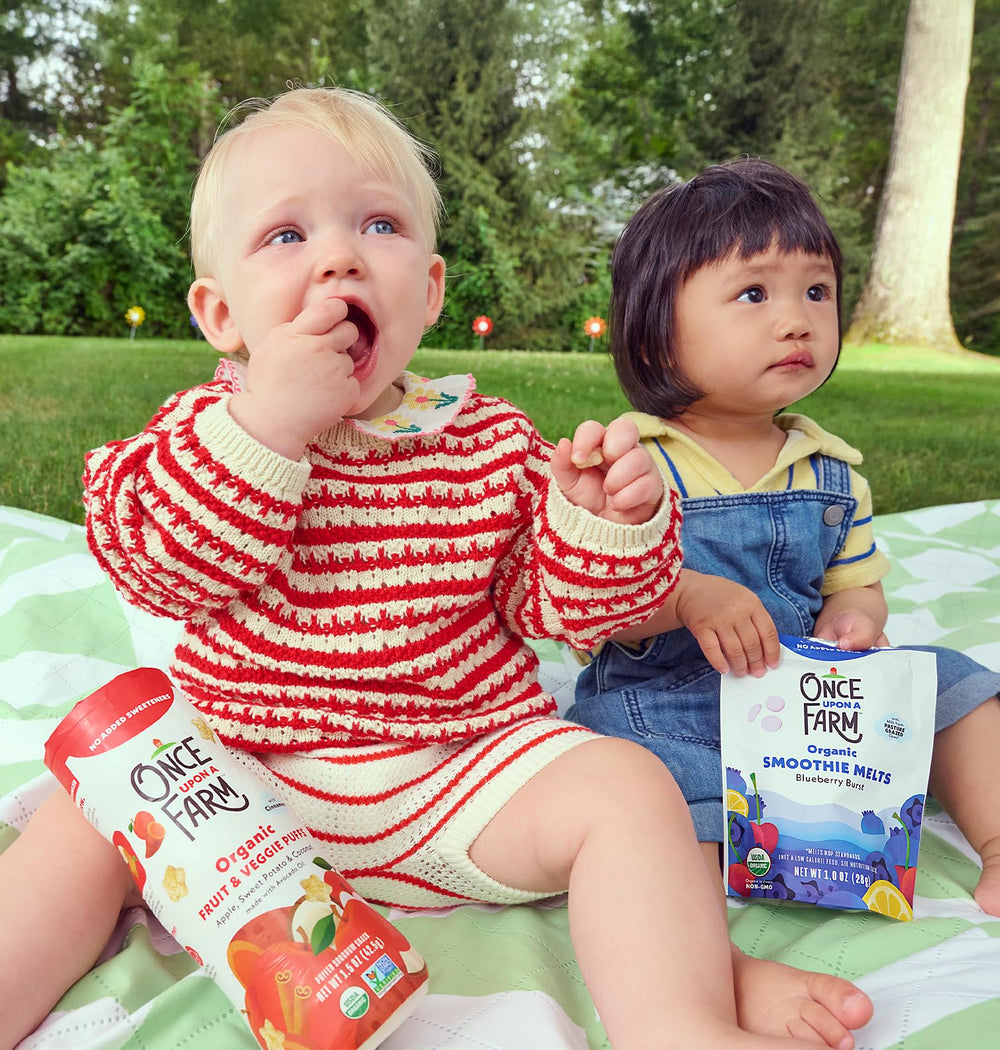 Once Upon a Farm canister tucked in a diaper bag showing portability and on-the-go convenience