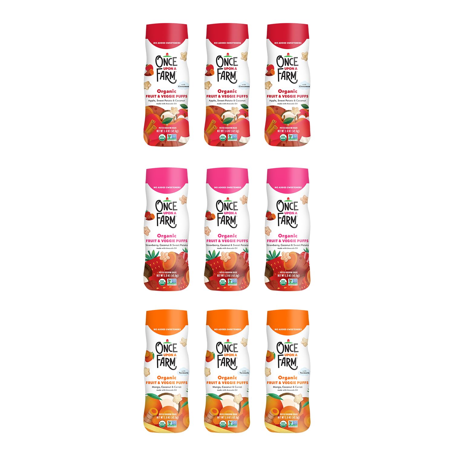 Once Upon a Farm front packaging showing variety canisters and clear labeling for quick grab