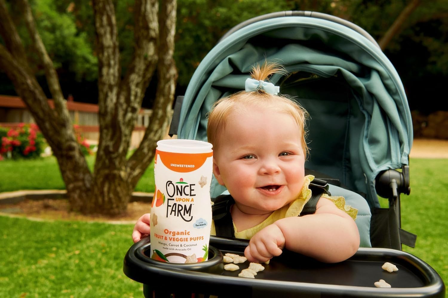 Once Upon a Farm puffs served on a highchair tray for easy mealtime or snacktime