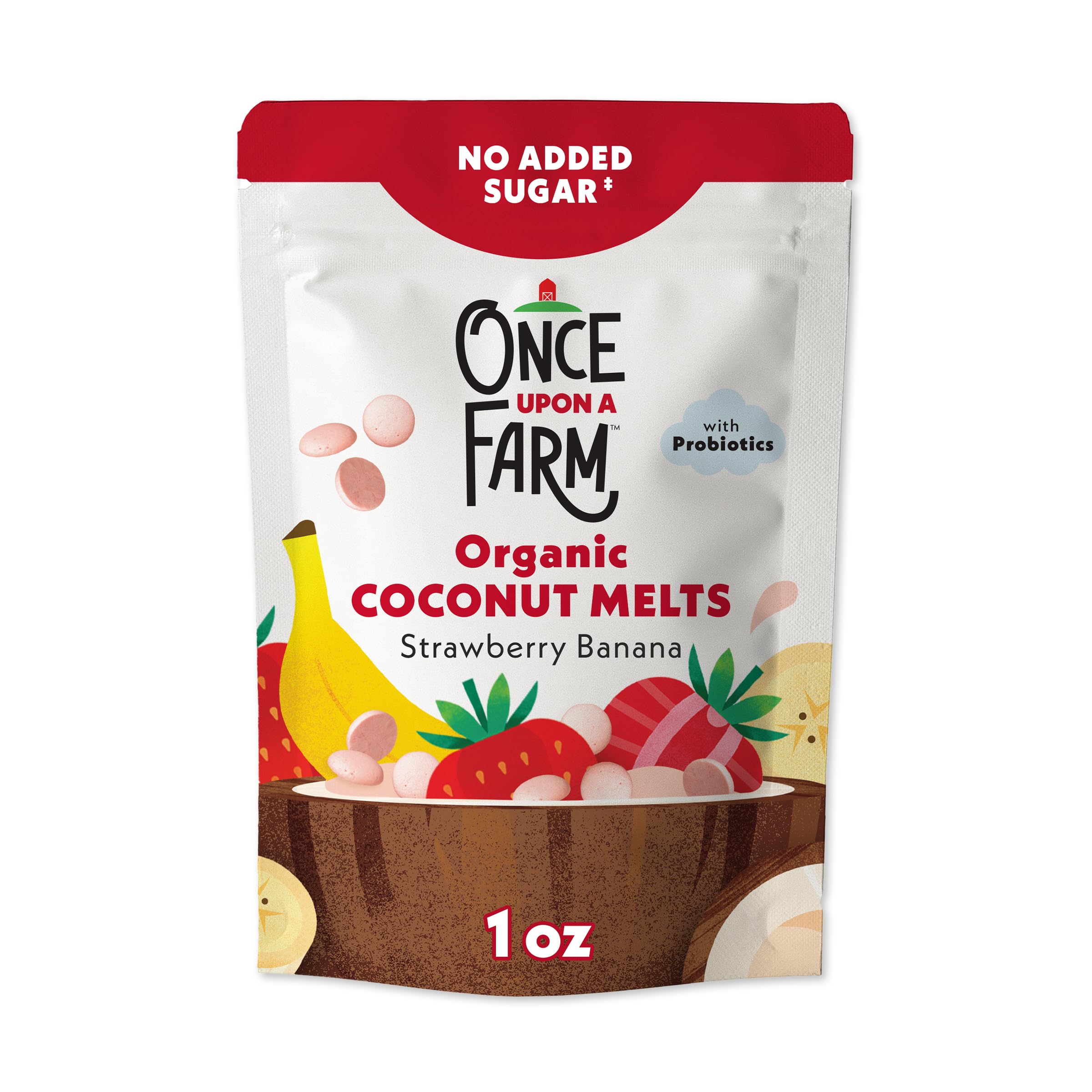 Once Upon a Farm melts on highchair tray showing snack-ready convenience