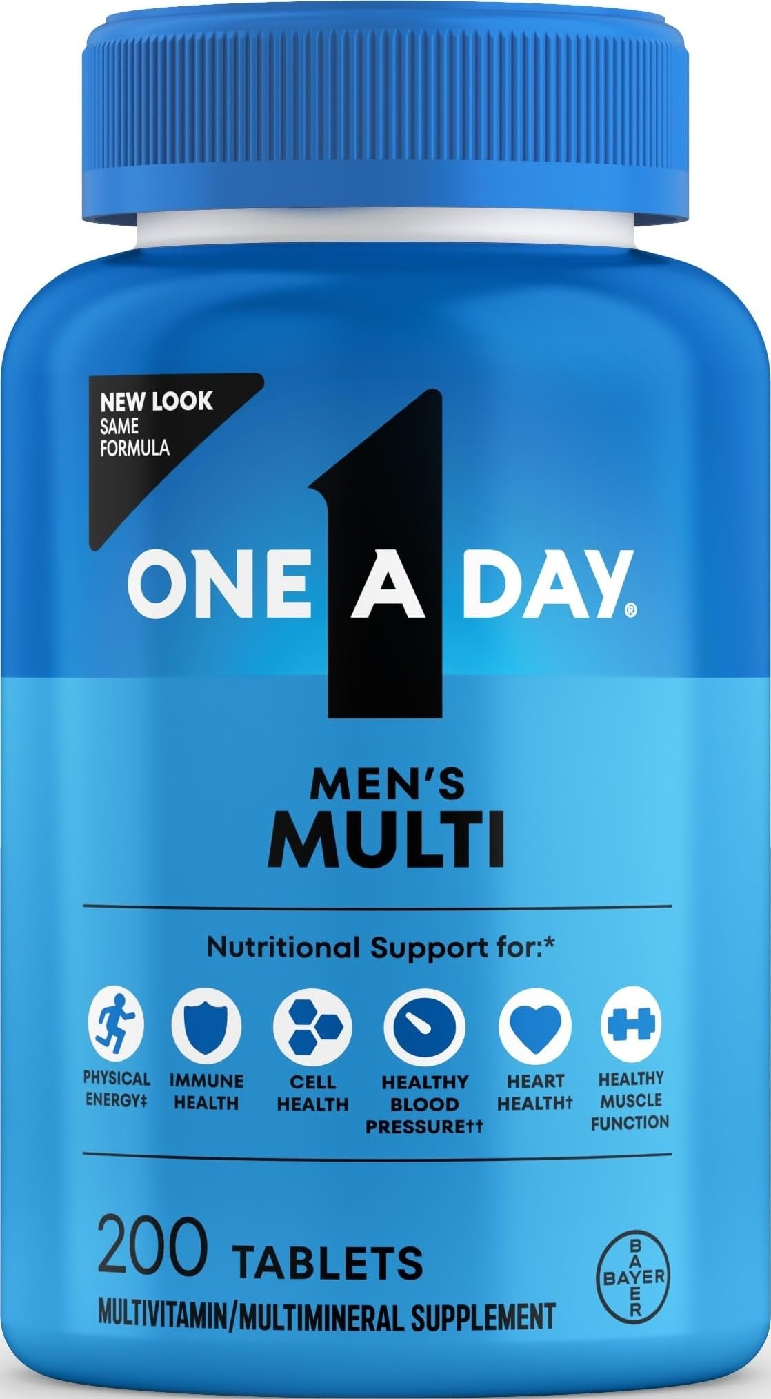 ONE A DAY front packaging showing 200-count bottle and label benefits