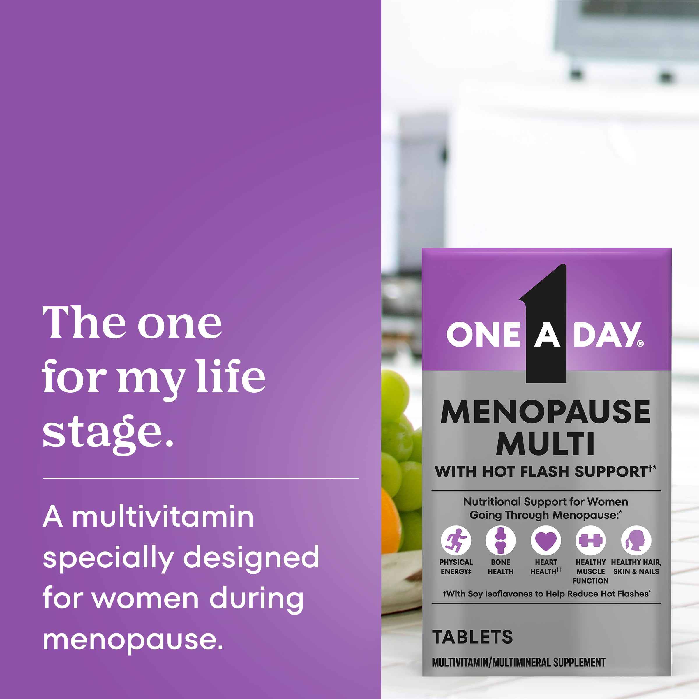 ONE A DAY open bottle top with tablets visible for convenient dosing