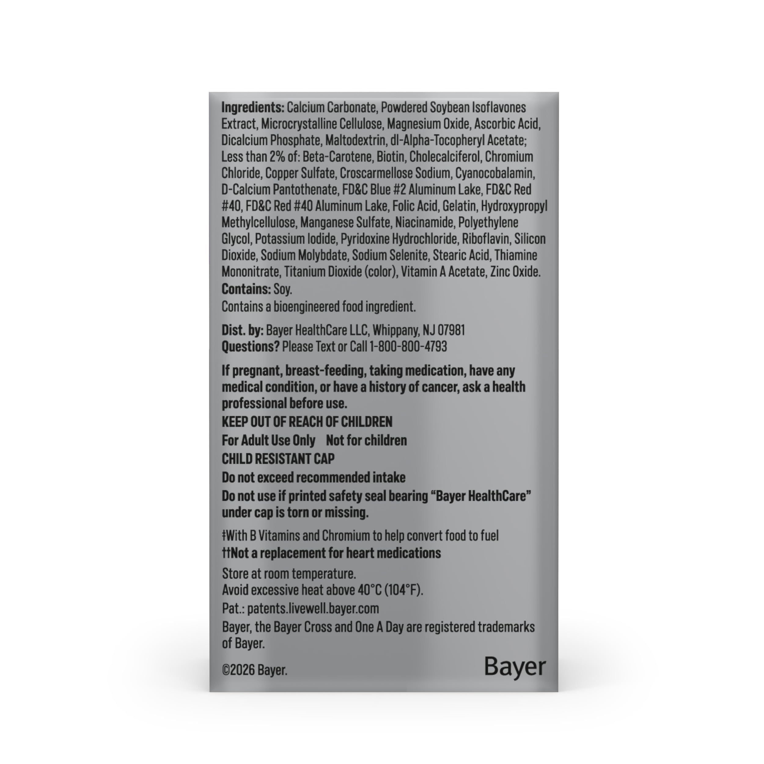 Packaging back panel with ONE A DAY ingredient list and directions