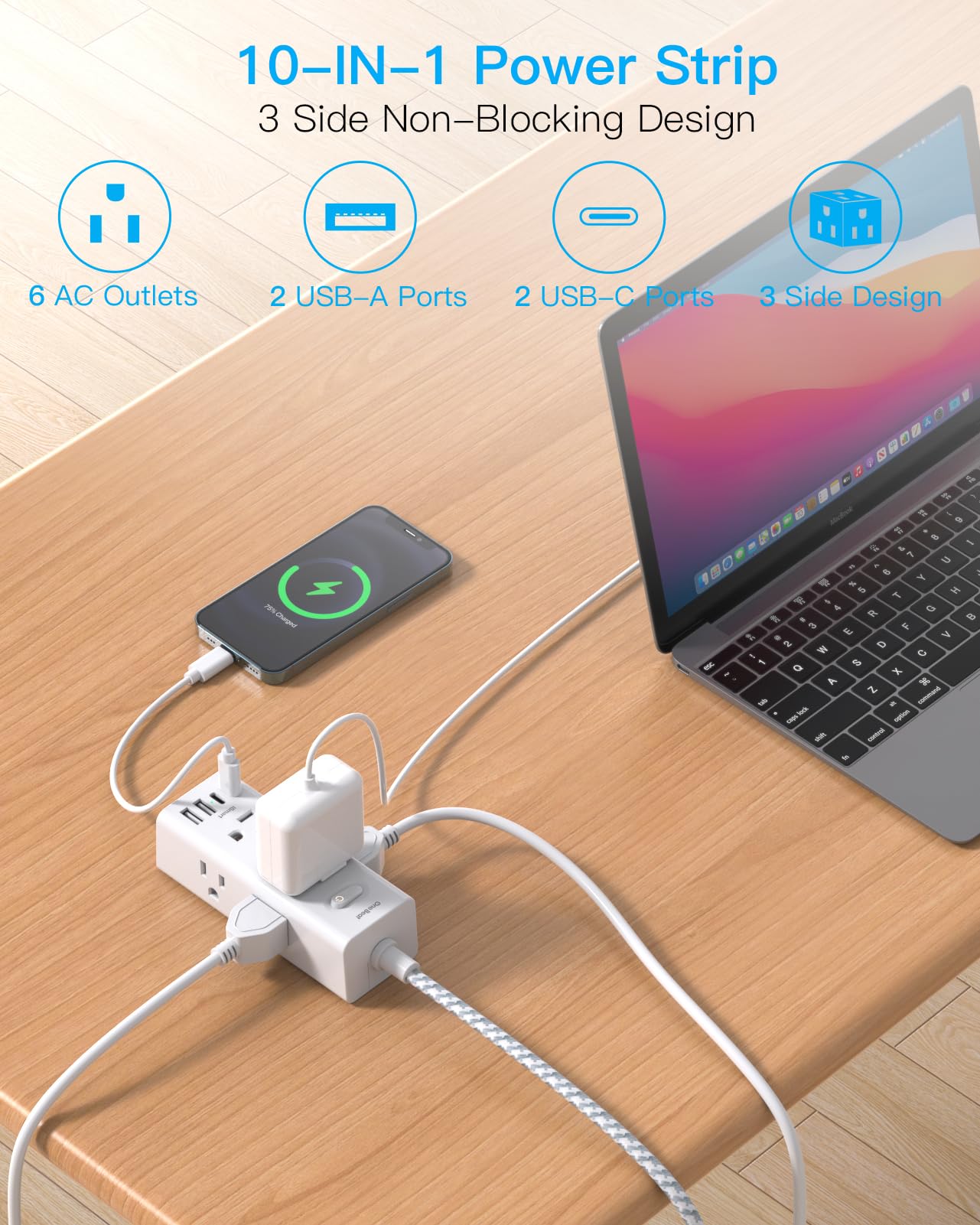 One Beat close-up of AC, USB-A and USB-C ports demonstrating versatile charging
