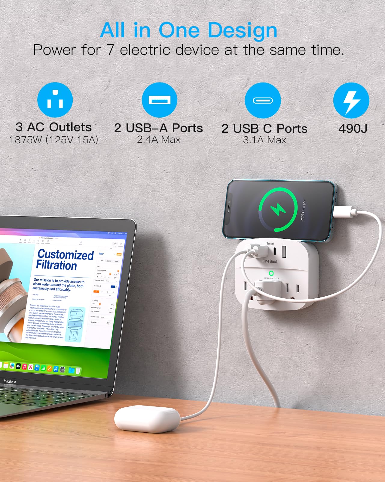 One Beat close-up of USB-C and USB-A ports with phone ledge for tidy charging