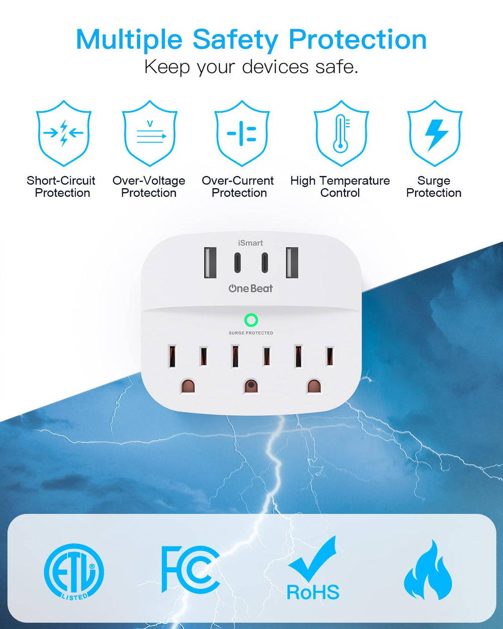 One Beat label showing 490J surge protector and safety certifications for protection