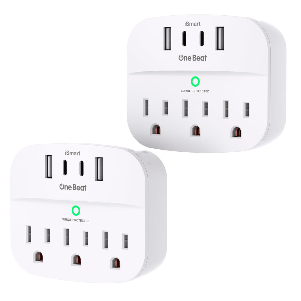 One Beat front view of 2-pack showing outlets and USB ports for convenience