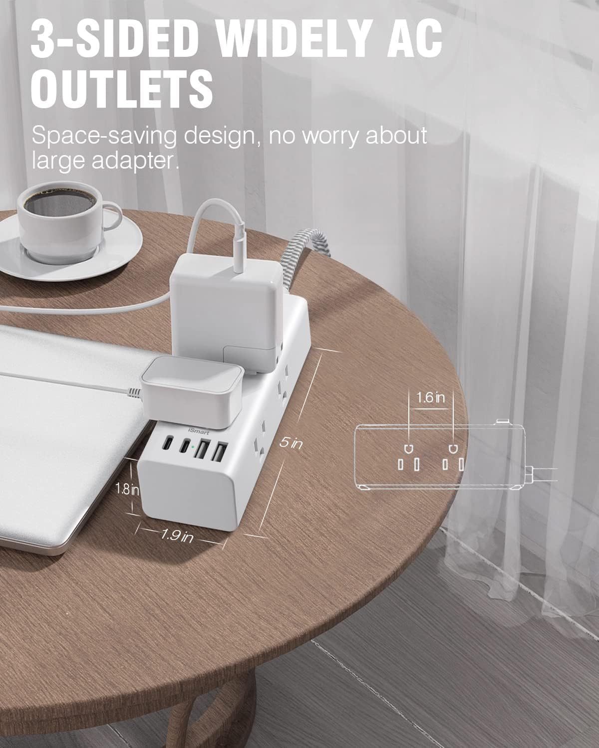 One Beat powering phone, tablet and lamp on a nightstand to save outlet space