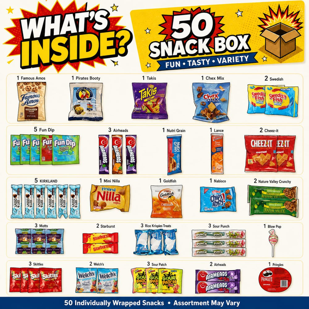 ONE CANDY WAY box opened to display assorted individually wrapped snacks for easy sharing