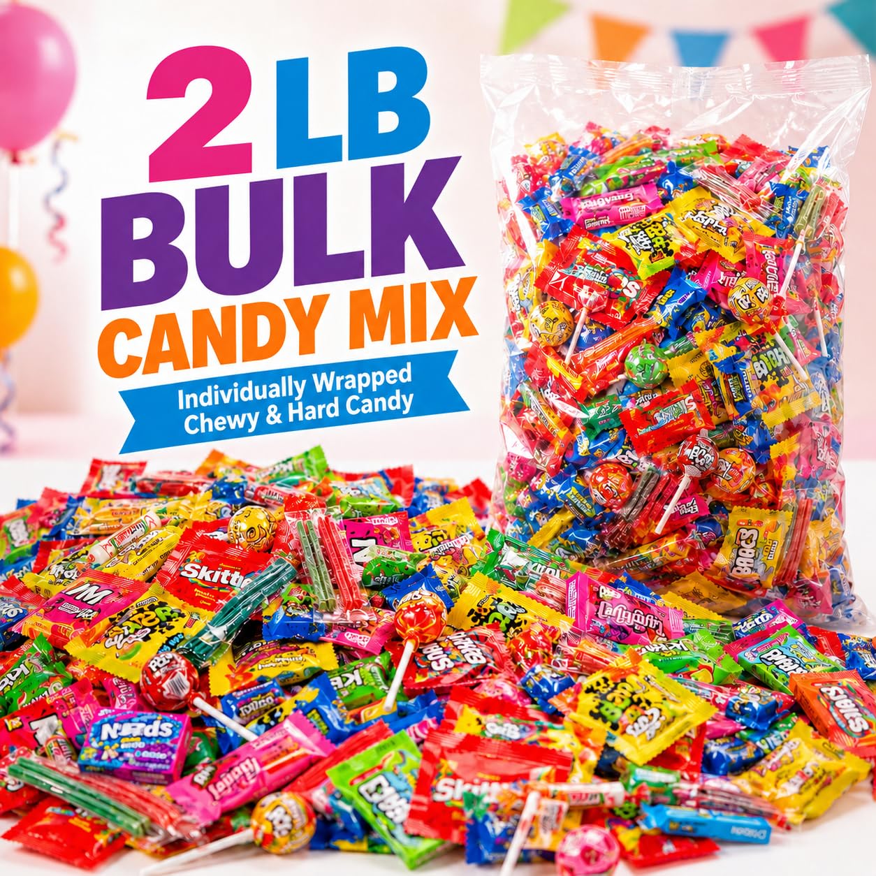 ONE CANDY WAY close-up of unwrapped mix showing chewy and hard textures for variety