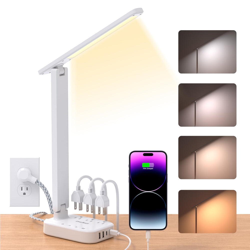 One Beat front view lamp and power strip showing neat desk setup and combined charging benefit