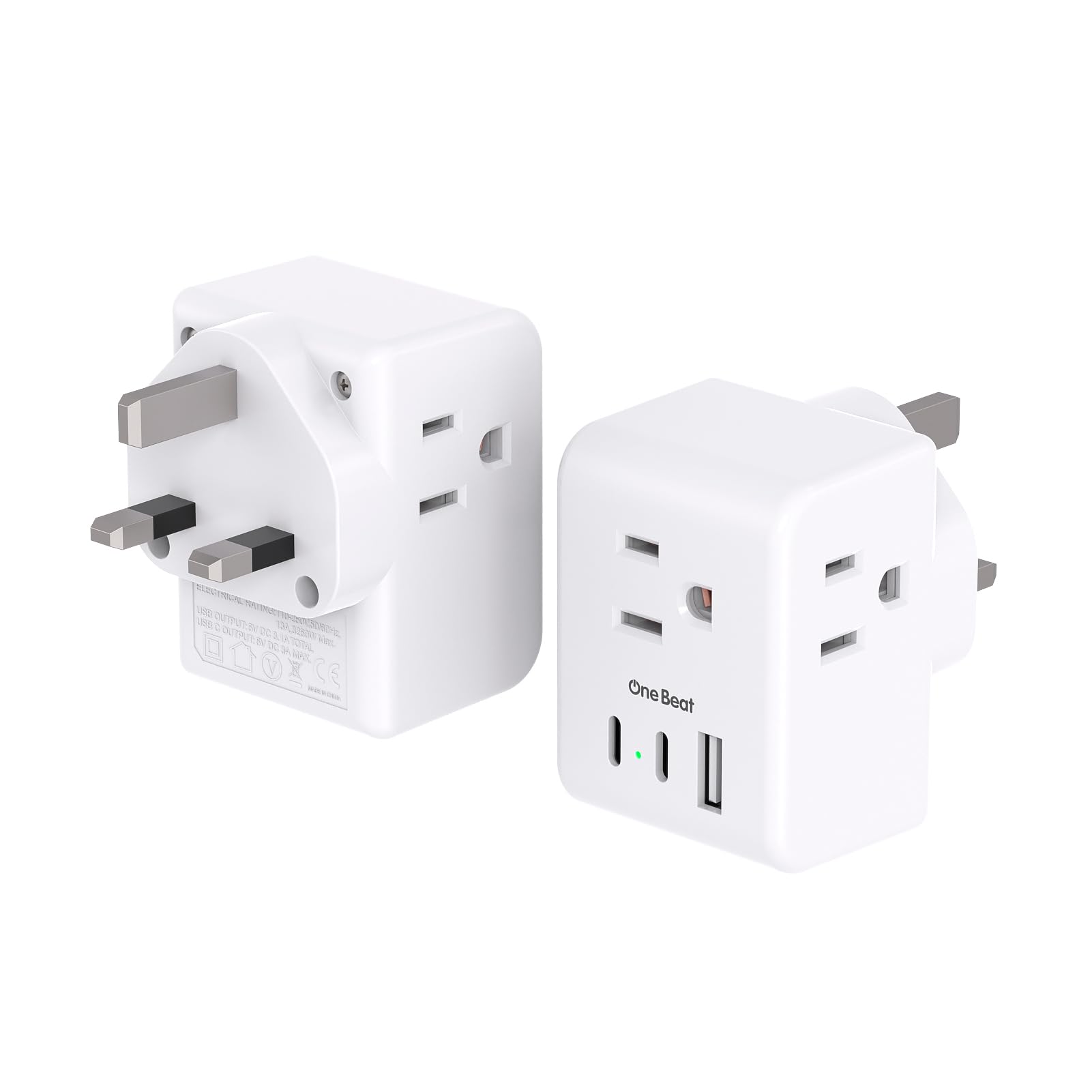 One Beat adapter front view showing Type G prongs and US outlets for easy travel charging
