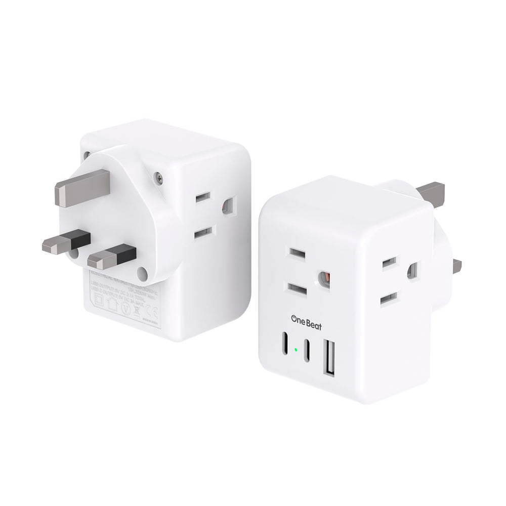 One Beat adapter front view showing Type G prongs and US outlets for easy travel charging