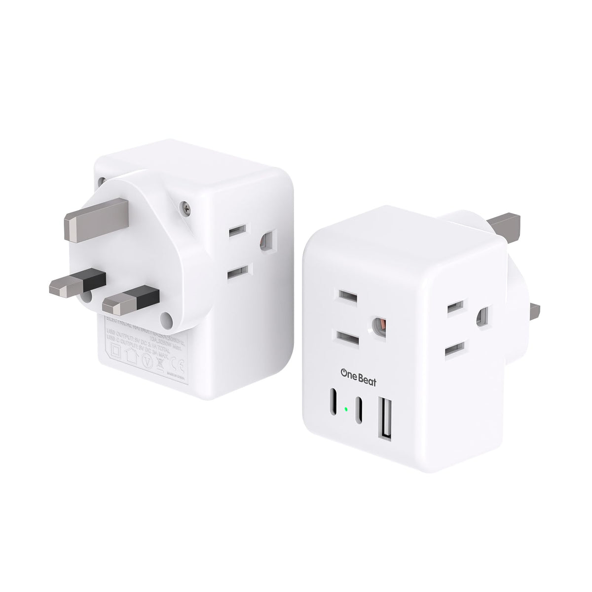 One Beat adapter front view showing Type G prongs and US outlets for easy travel charging