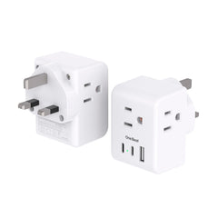 One Beat adapter front view showing Type G prongs and US outlets for easy travel charging