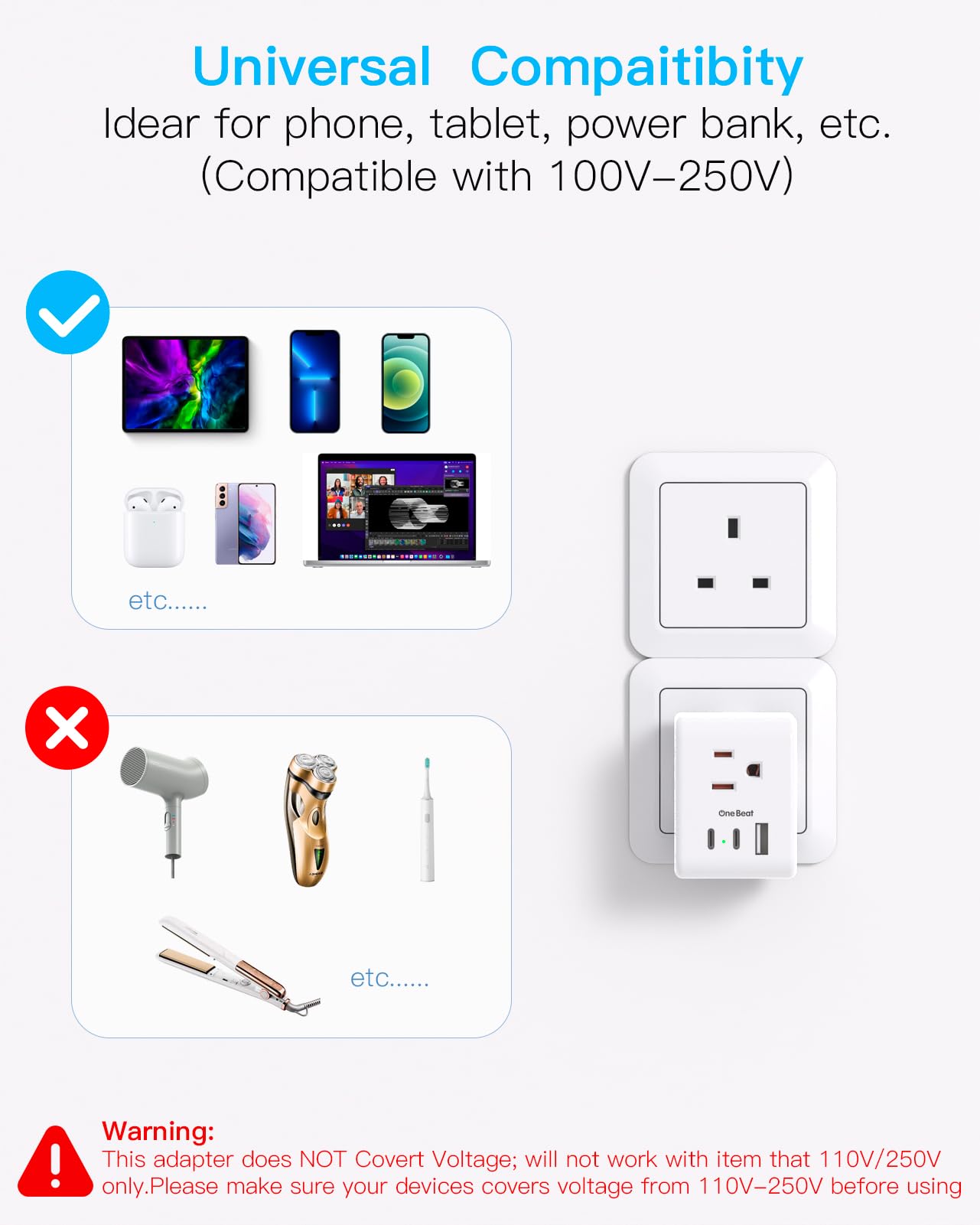 One Beat adapter plugged into hotel Type G socket powering phone and tablet simultaneously