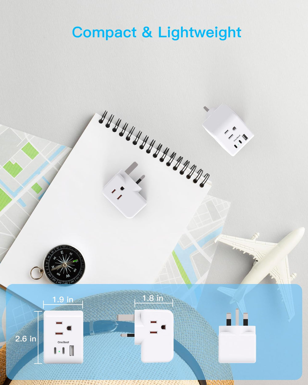 One Beat adapter top close-up of the three US outlets for powering multiple devices