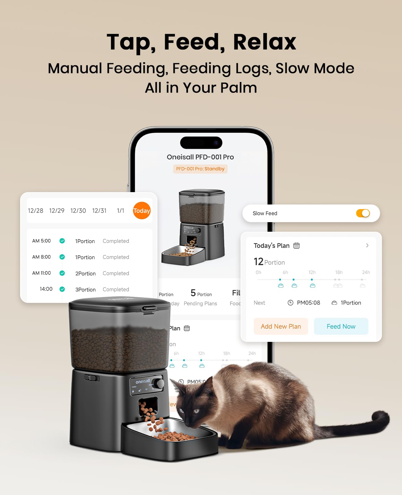 oneisall app control screen showing scheduling and remote feeding