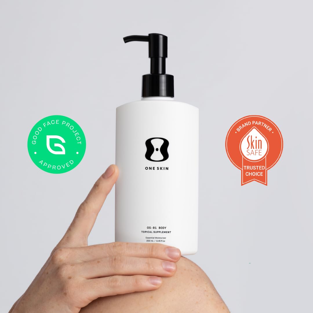 oneskin OS-01 BODY on bathroom shelf in lifestyle setting suggesting daily routine benefit