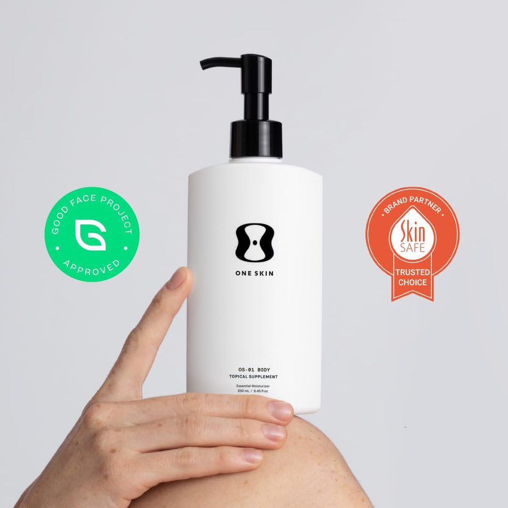 oneskin OS-01 BODY on bathroom shelf in lifestyle setting suggesting daily routine benefit