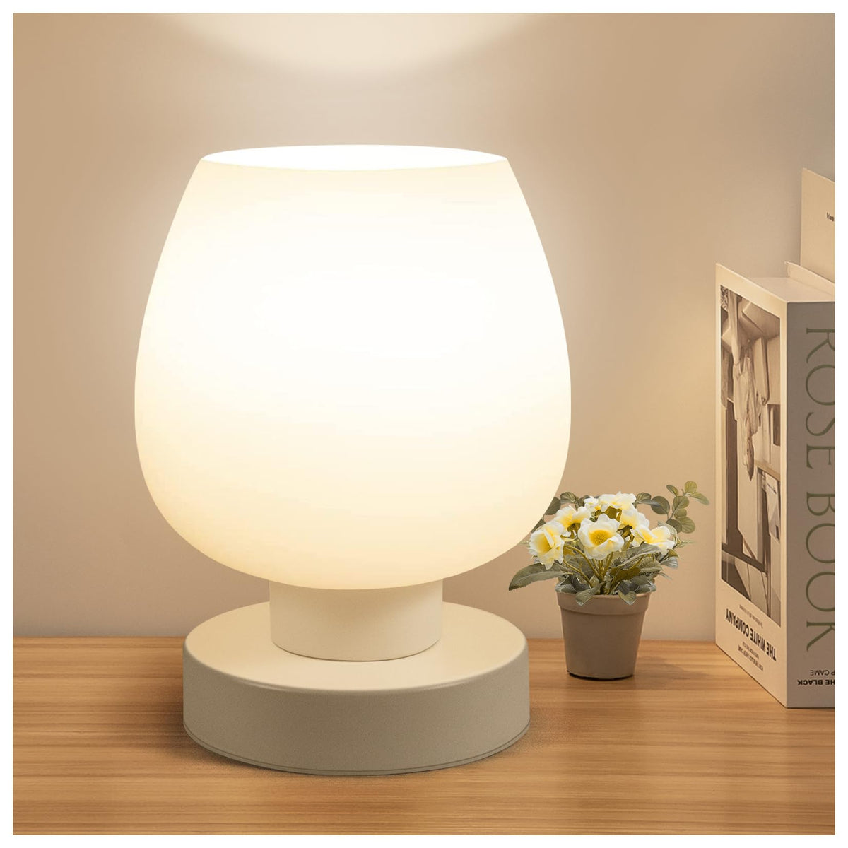 ONEWISH front view of compact bedside lamp showing modern profile and soft light