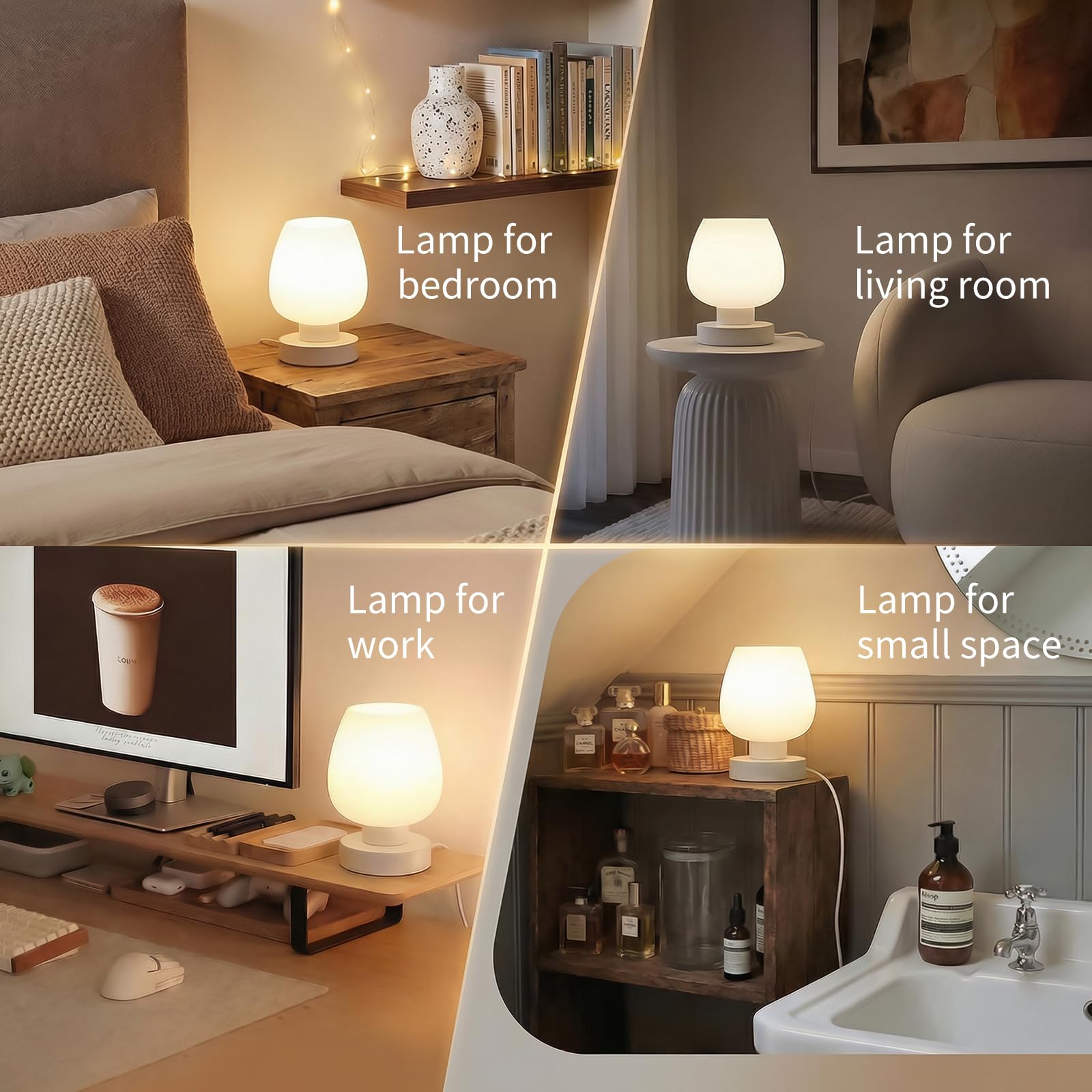 ONEWISH lamp on nightstand illuminating pillow and creating cozy atmosphere