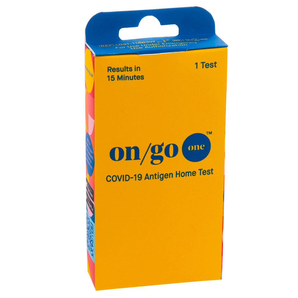 ON/GO front packaging showing case of tests and clear count for fast procurement benefit