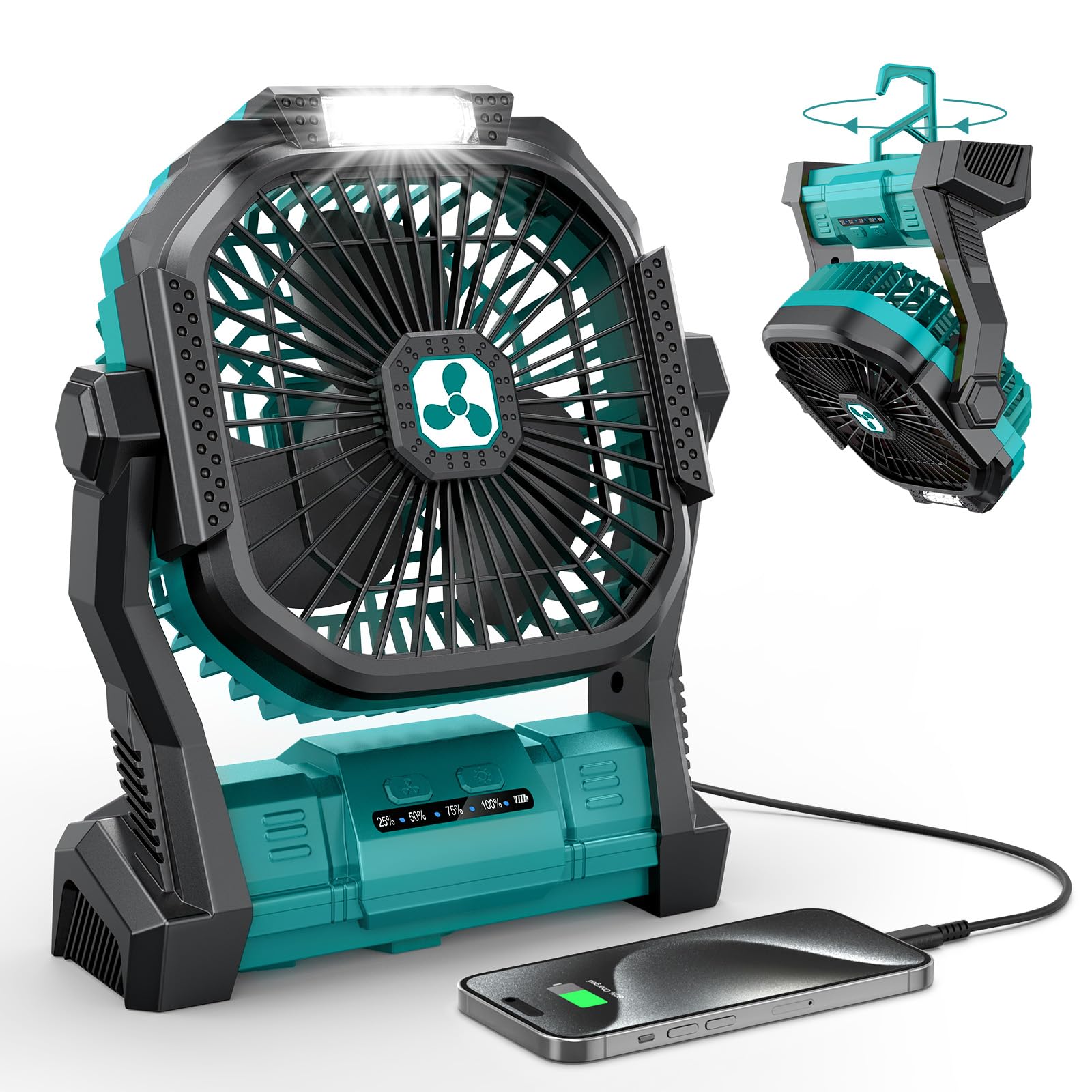ONLYNEW front view of fan showing compact design and lantern for portable cooling