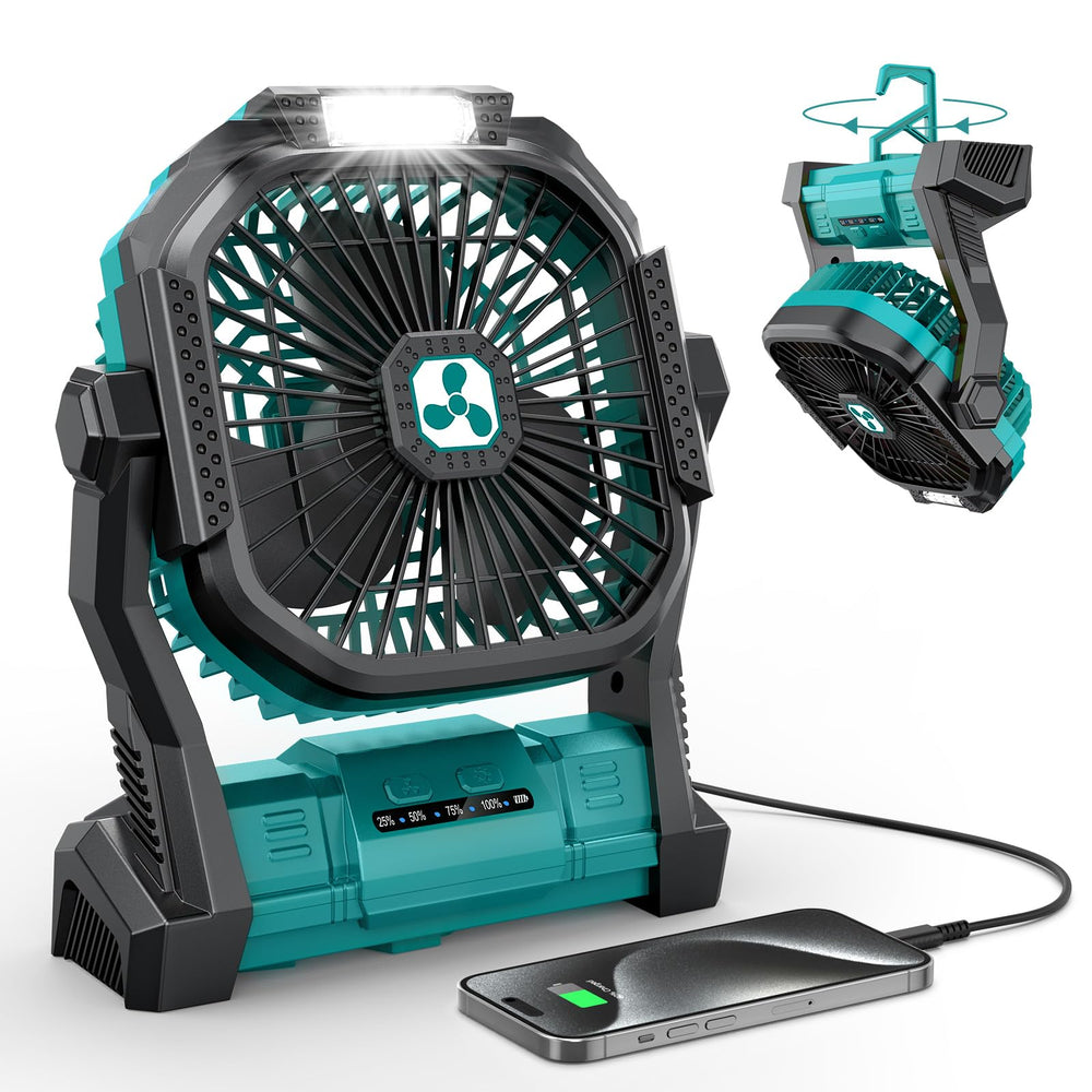 ONLYNEW front view of fan showing compact design and lantern for portable cooling