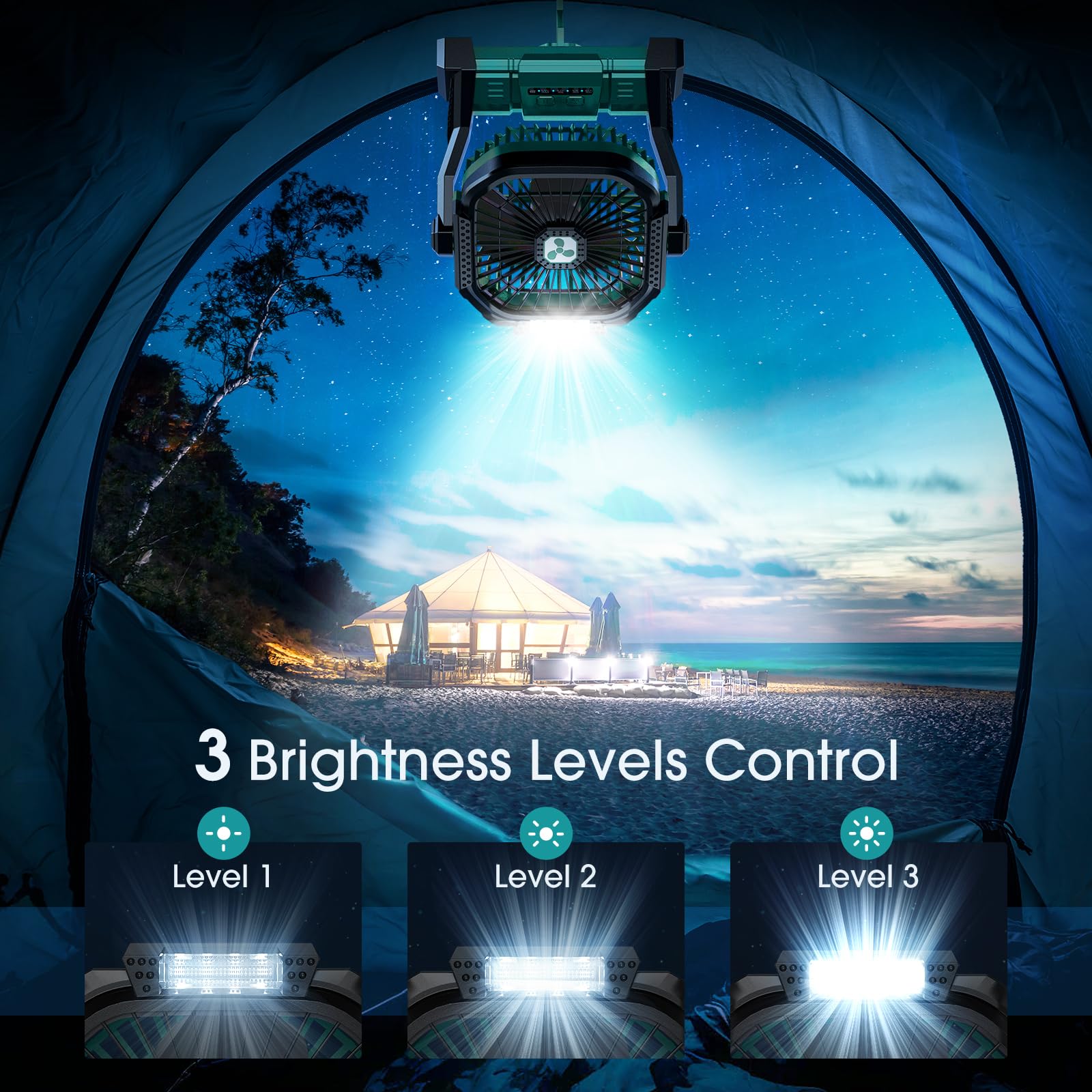ONLYNEW fan hanging inside tent providing cool airflow and hands-free lighting