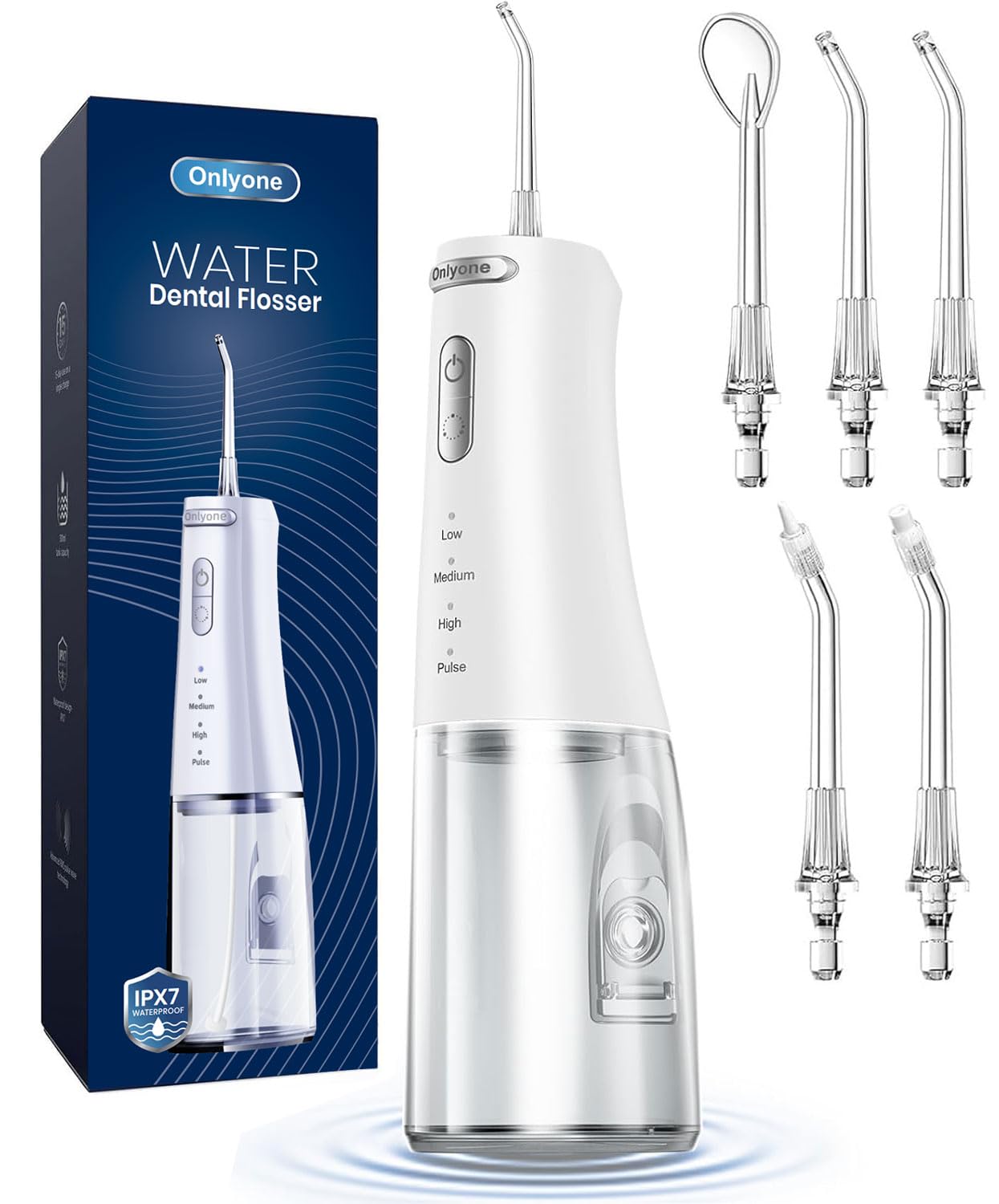 Onlyone front view of flosser showing controls and compact design benefits