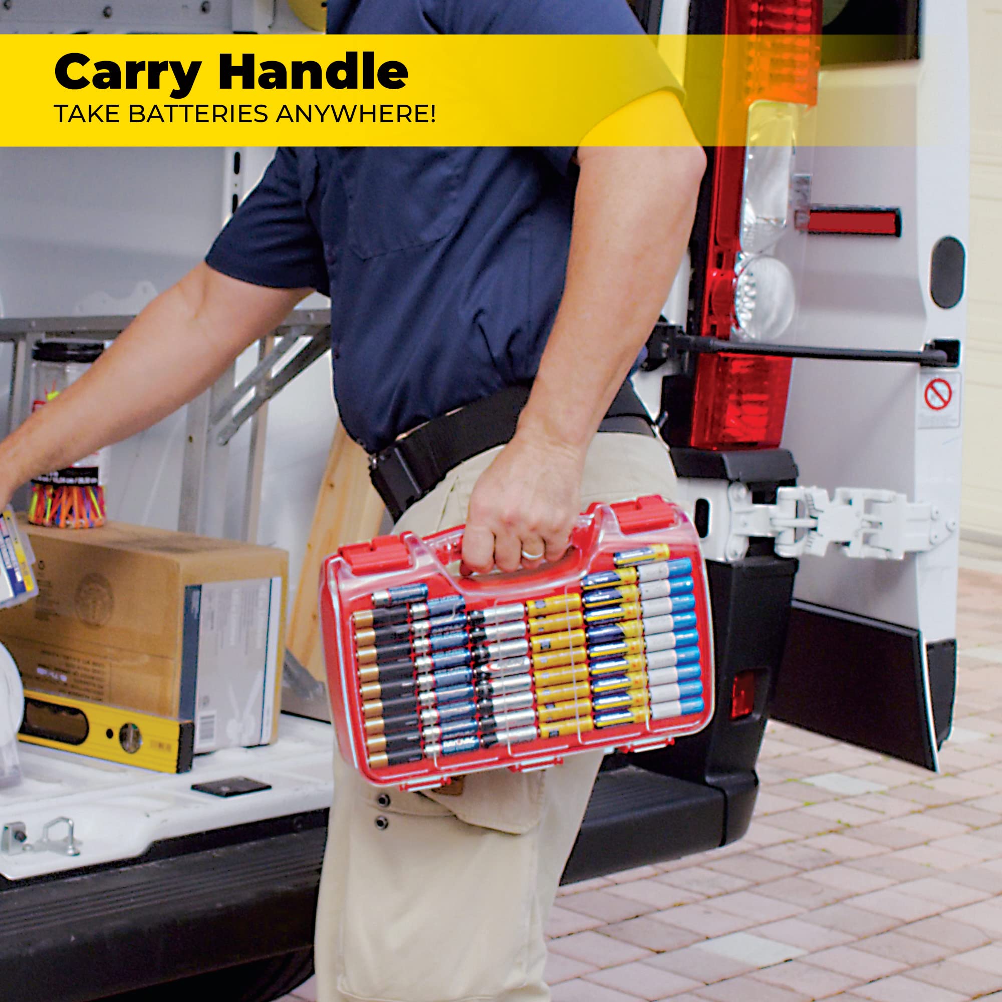Ontel Battery Daddy loaded with AA AAA C D batteries illustrating high-capacity storage benefit