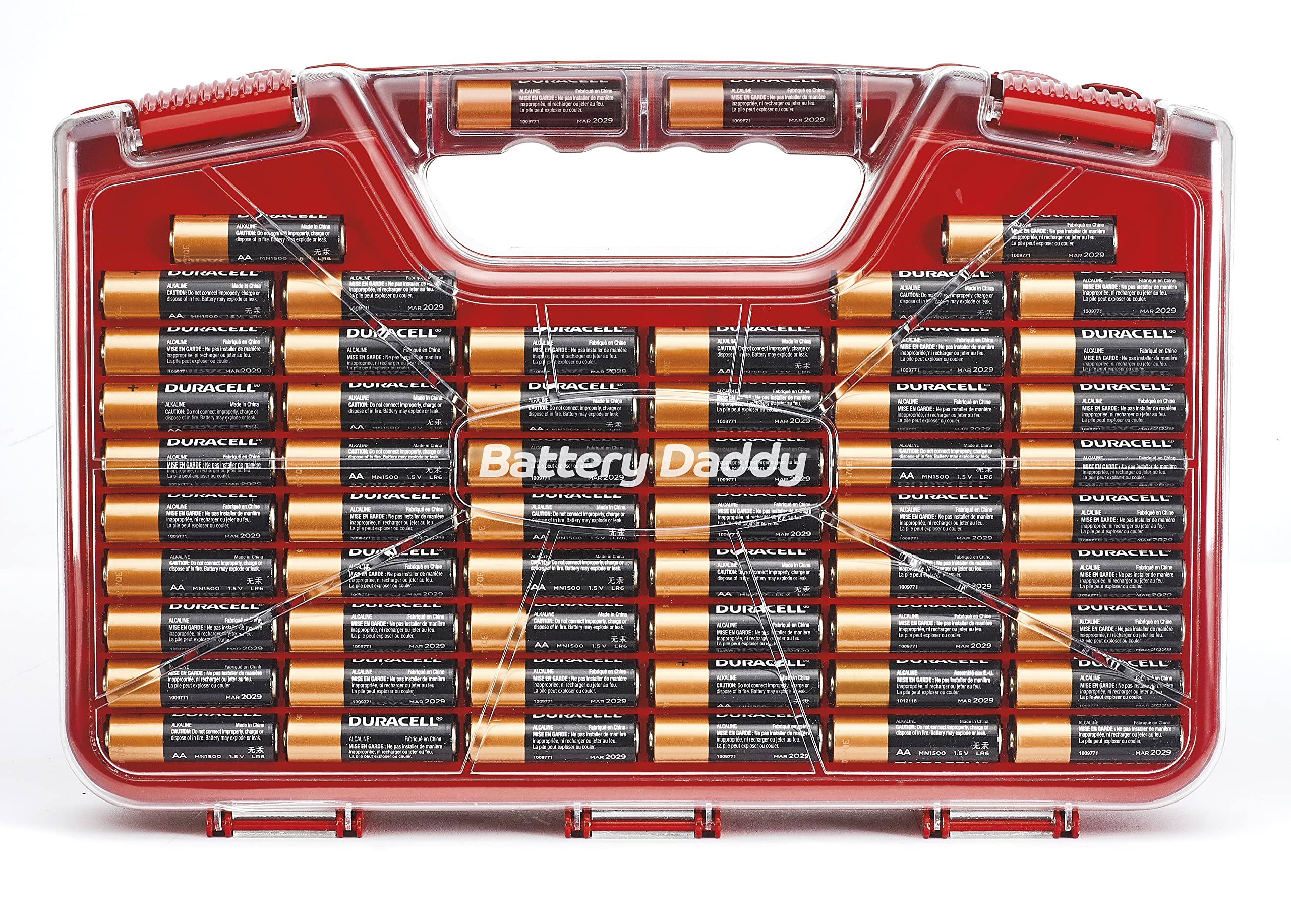 Ontel Battery Daddy in a garage setting showing organized batteries ready for use benefit