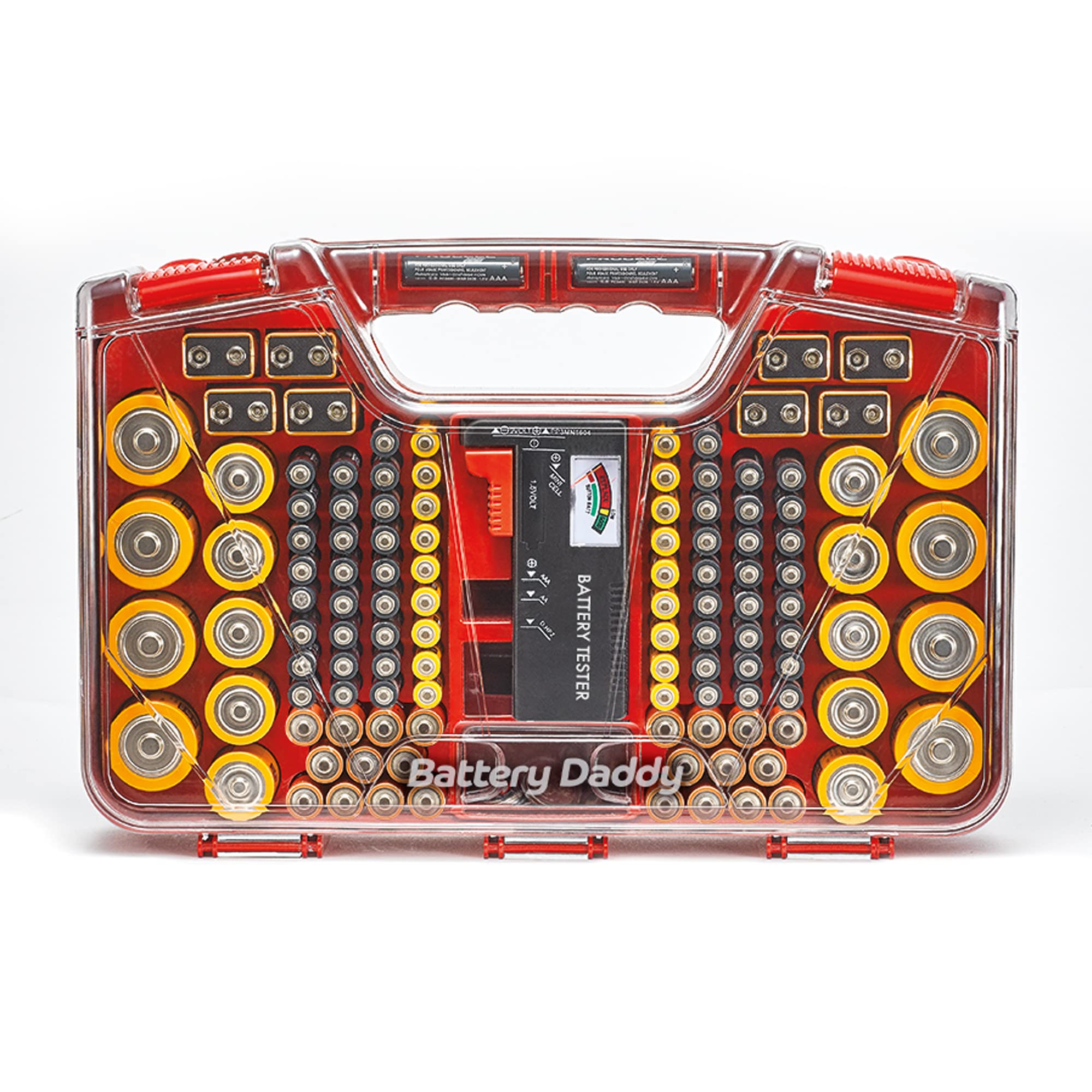 Ontel Battery Daddy locking lid detail showing clear latch for spill prevention benefit