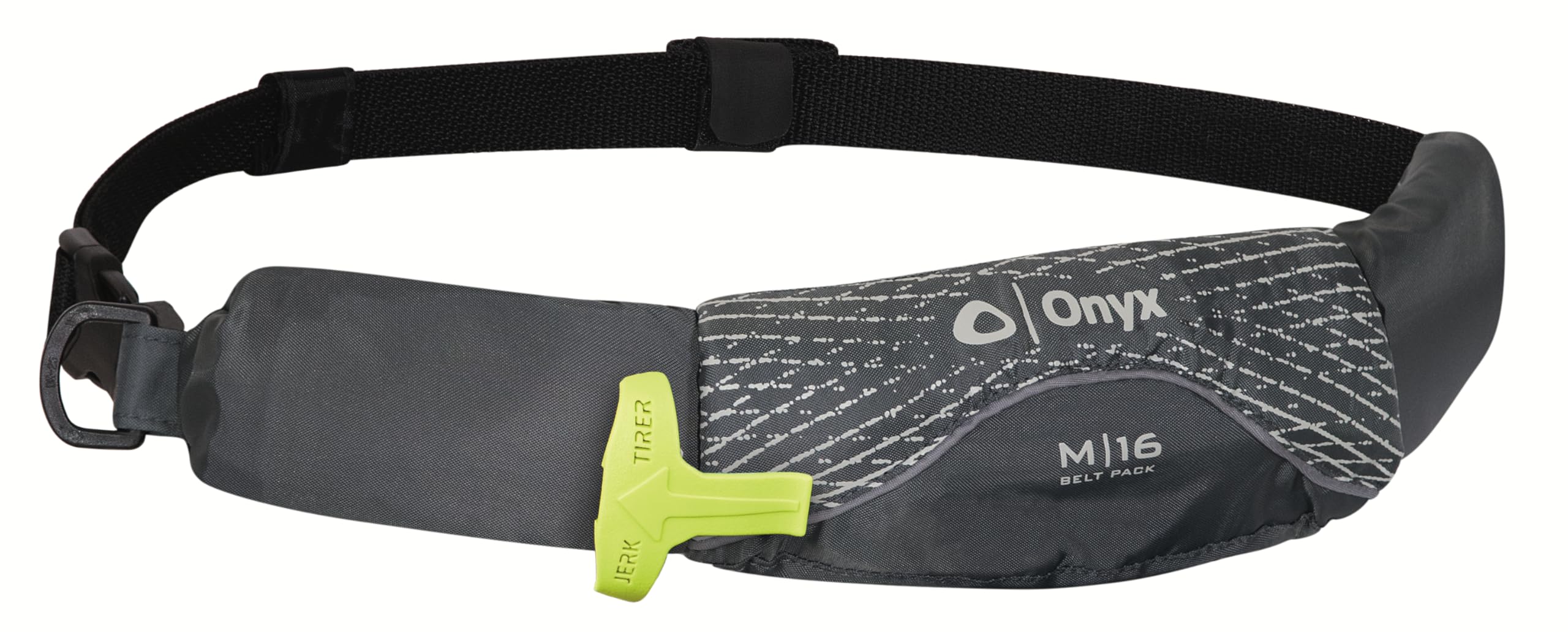 Onyx front pack view showing compact belt pack and pocket benefit