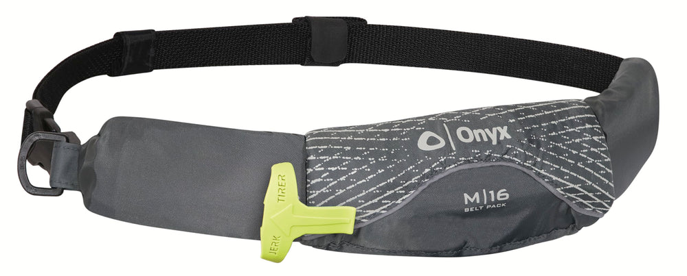 Onyx front pack view showing compact belt pack and pocket benefit
