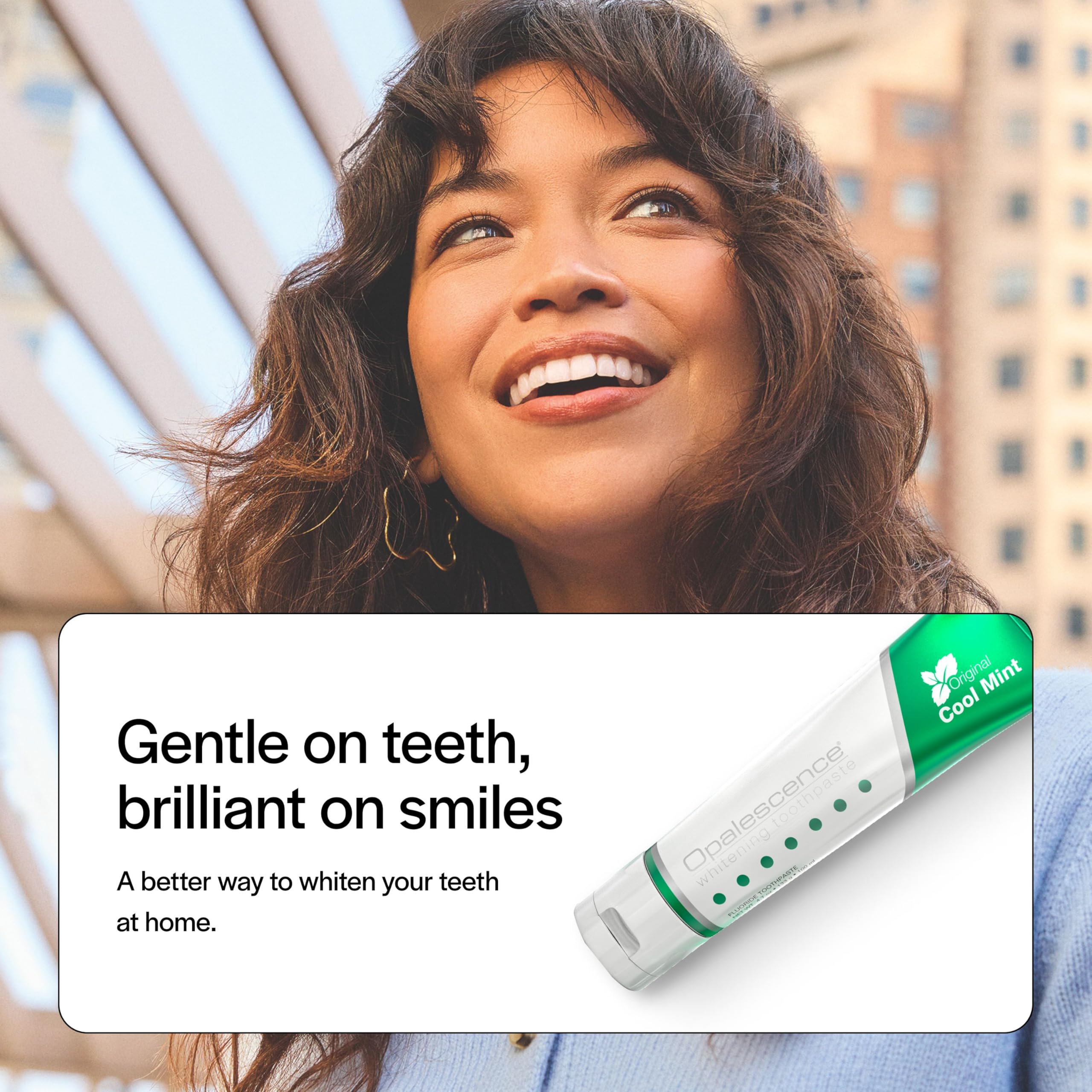 Person brushing teeth with Opalescence demonstrating daily whitening and fresh breath