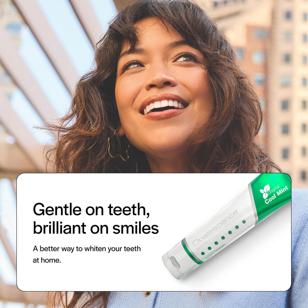 Person brushing teeth with Opalescence demonstrating daily whitening and fresh breath