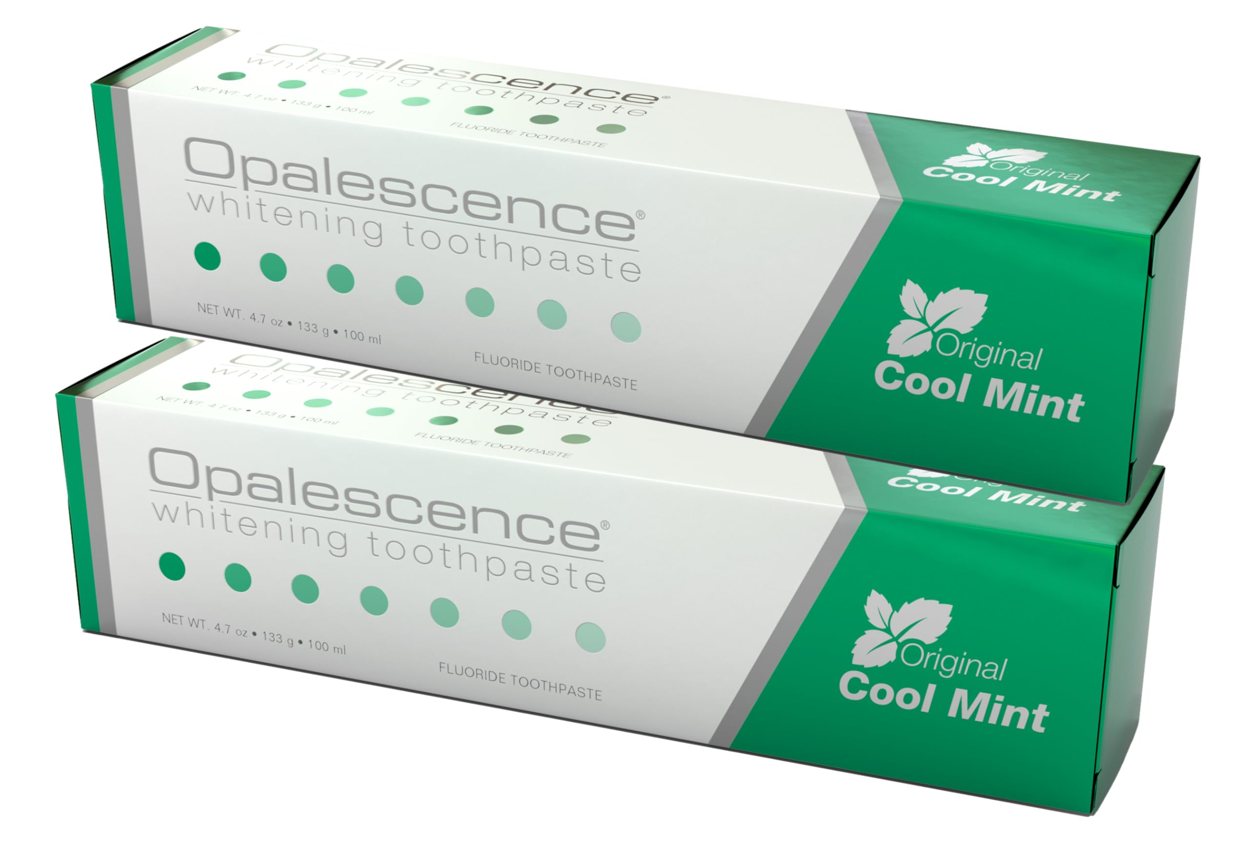 Opalescence front packaging showing two mint toothpaste tubes for brightening