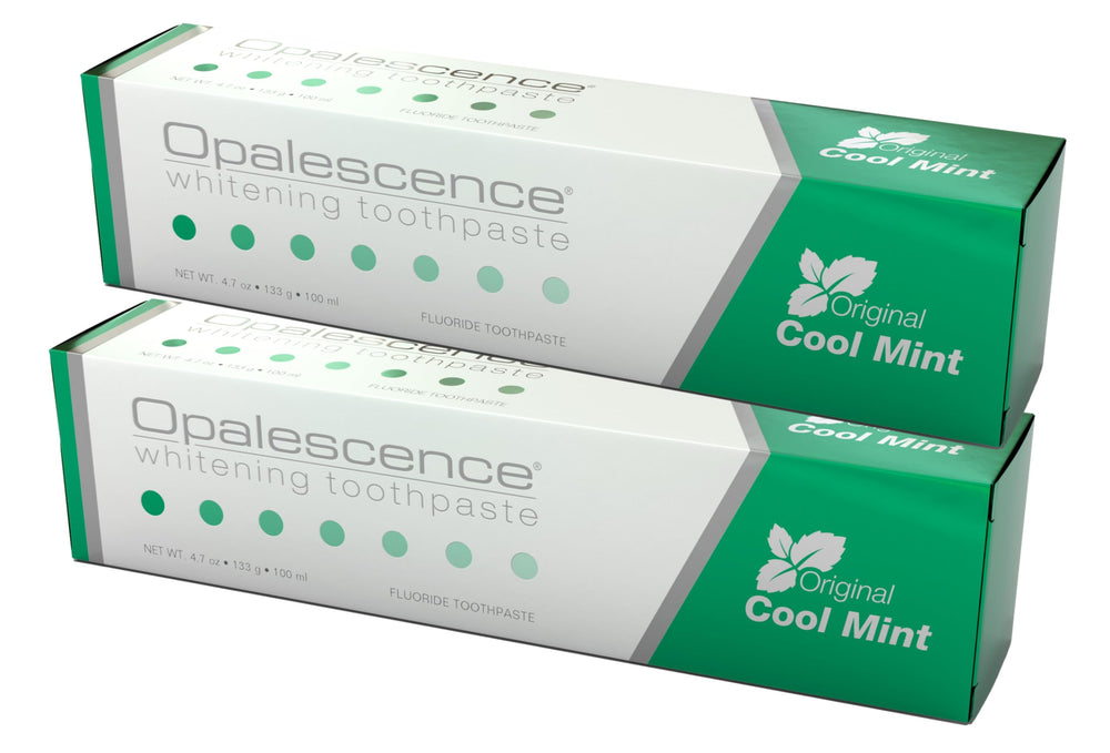 Opalescence front packaging showing two mint toothpaste tubes for brightening