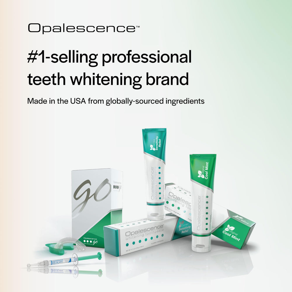 Opalescence tube on bathroom counter near mint leaves for refreshing flavor