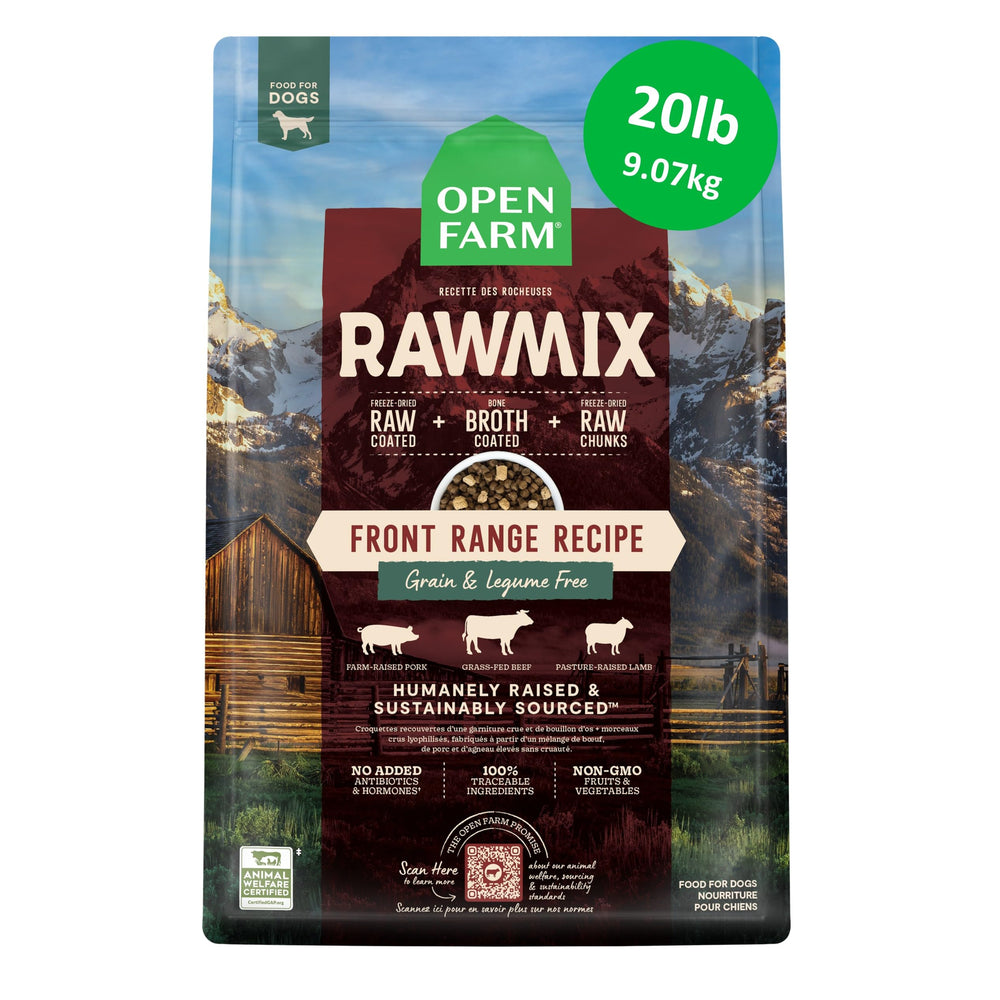 Open Farm front bag view showing branding and product benefits