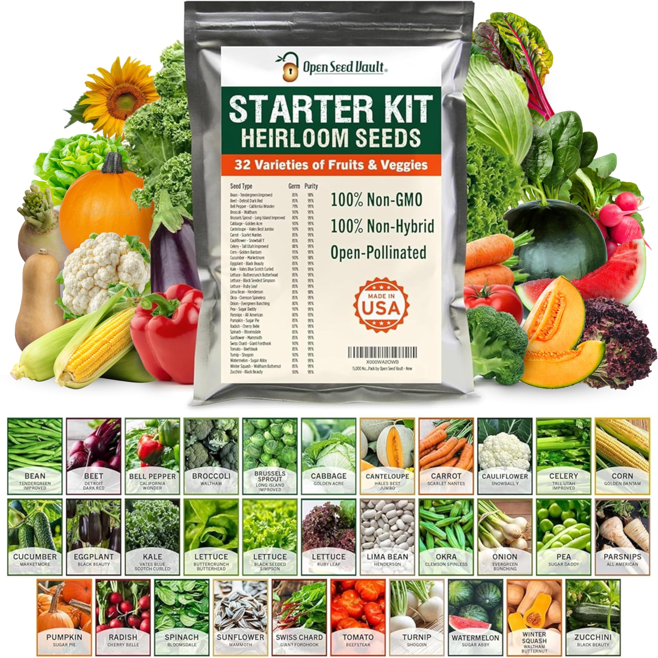 Open Seed Vault front packaging showing full 32-pack variety and freshness