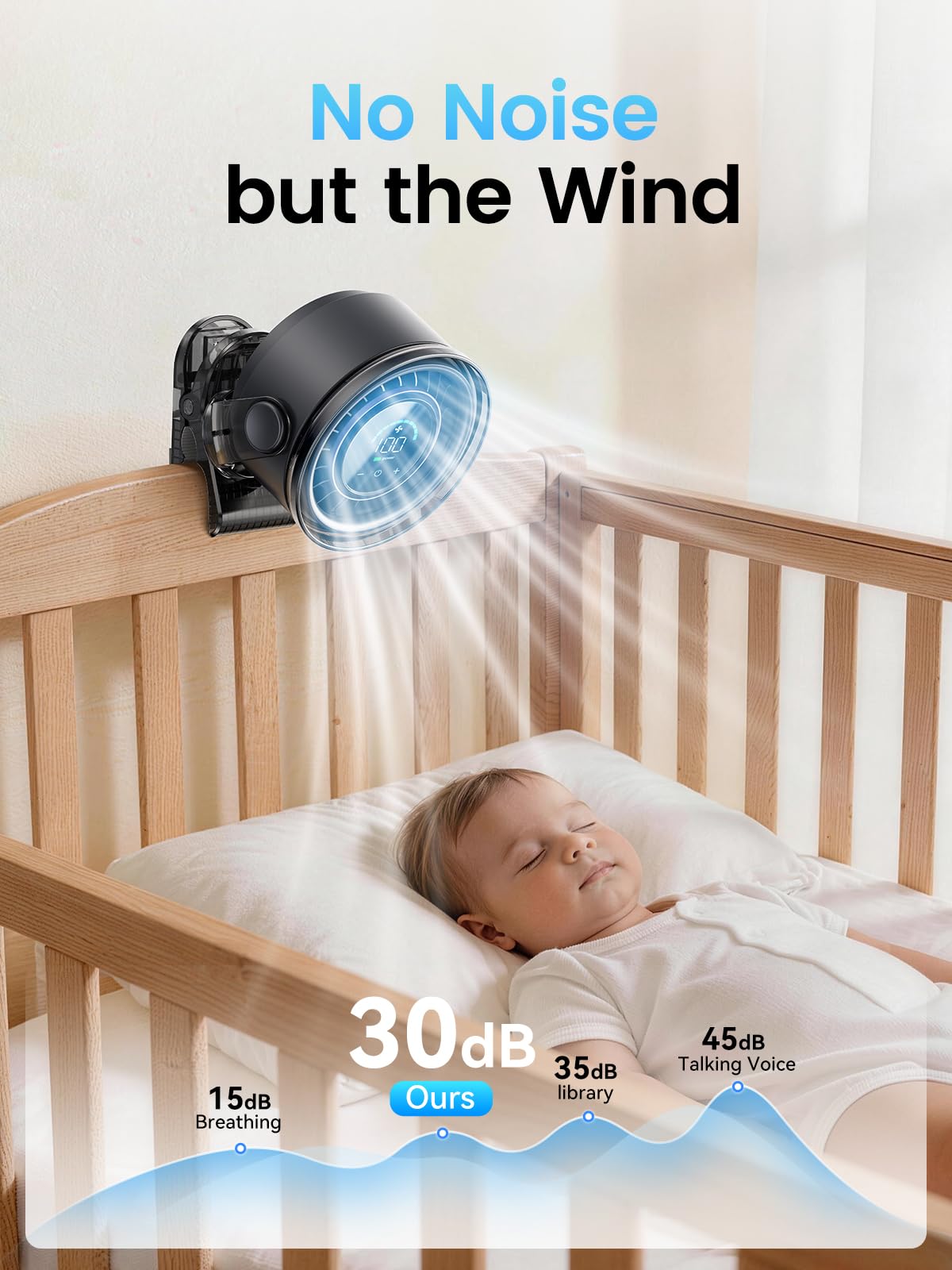 OpenBay clipped to stroller angled airflow cooling infant on warm day