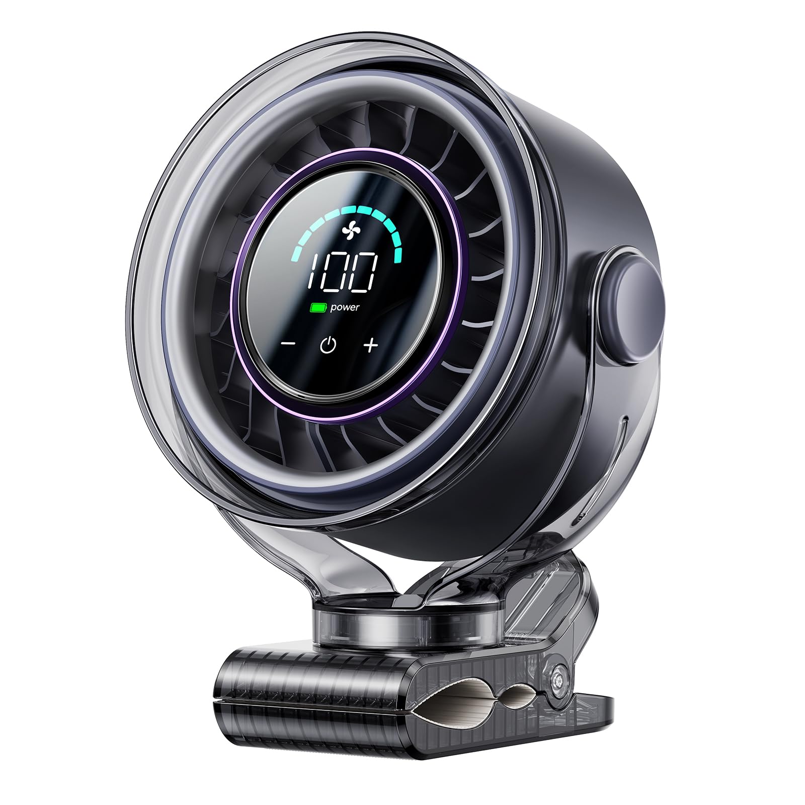 OpenBay front view showing compact fan and clip, visualizing portability and power
