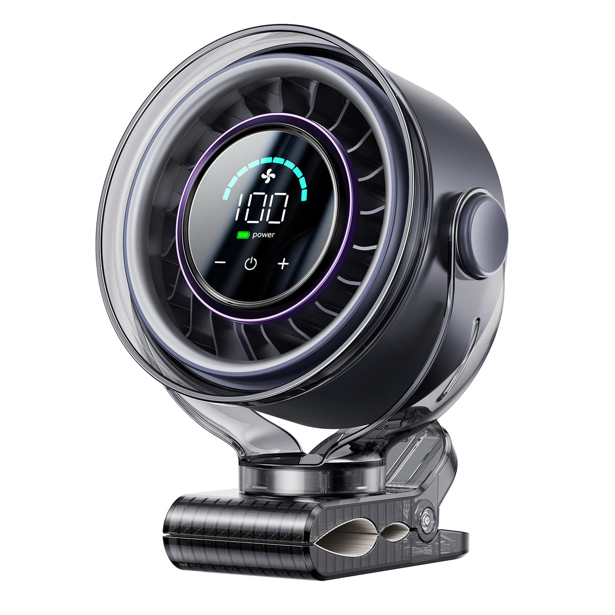 OpenBay front view showing compact fan and clip, visualizing portability and power