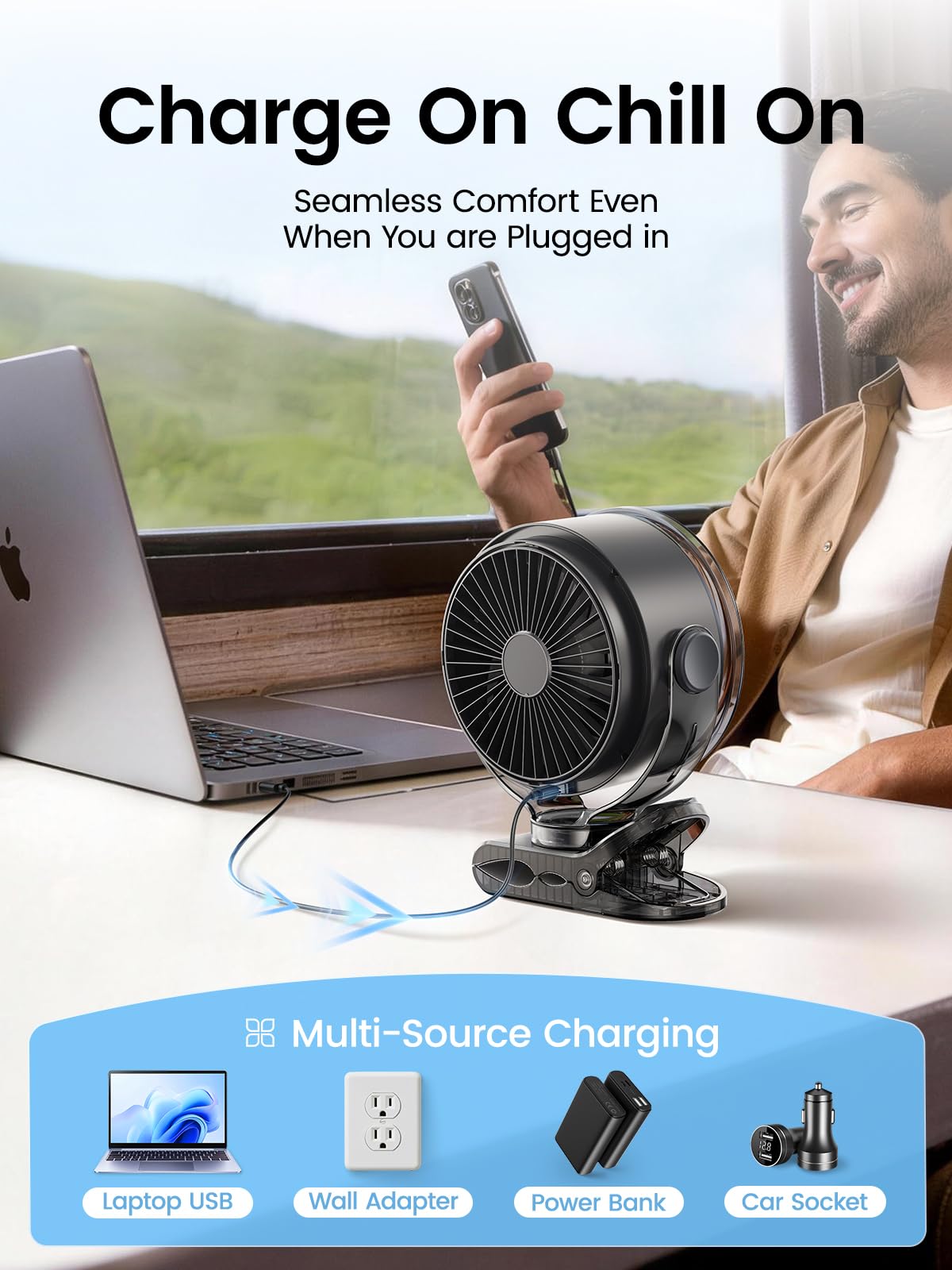OpenBay fan inside a backpack, showing travel-friendly compact packing