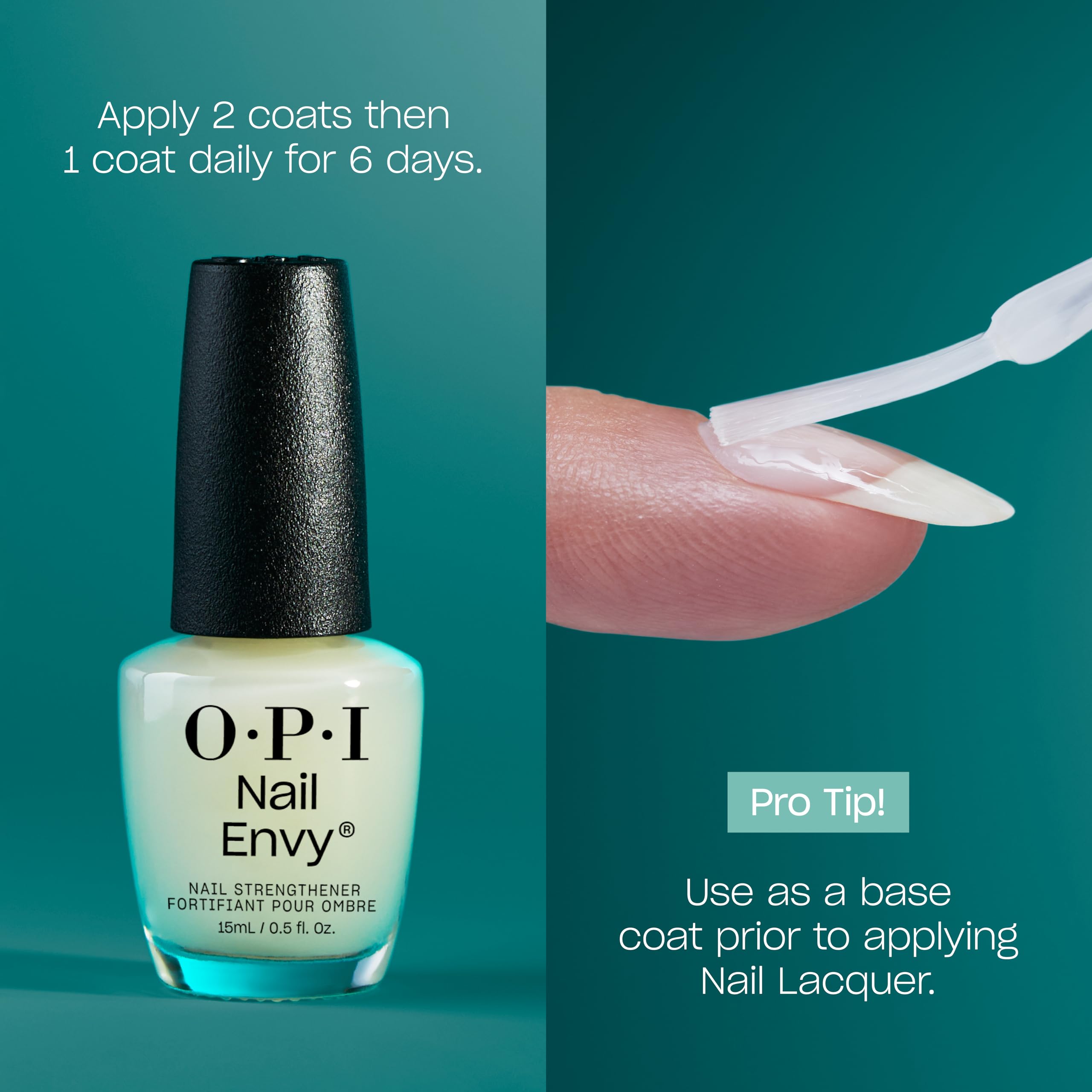 OPI Nail Envy bottle held in hand showing size and everyday usability for stronger nails